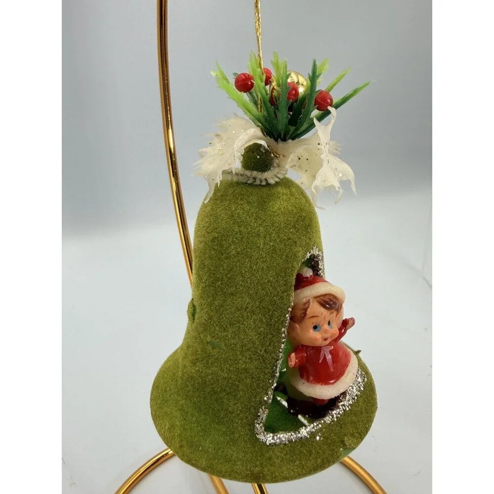 Vintage Flocked Green Bell Christmas Ornament Diorama Elf MCM + Bonus Stickers